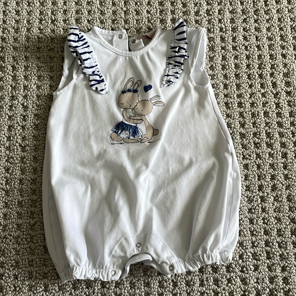Laura Biagiotti Dolls White Romper with Bunnies and Rhinestones 9M